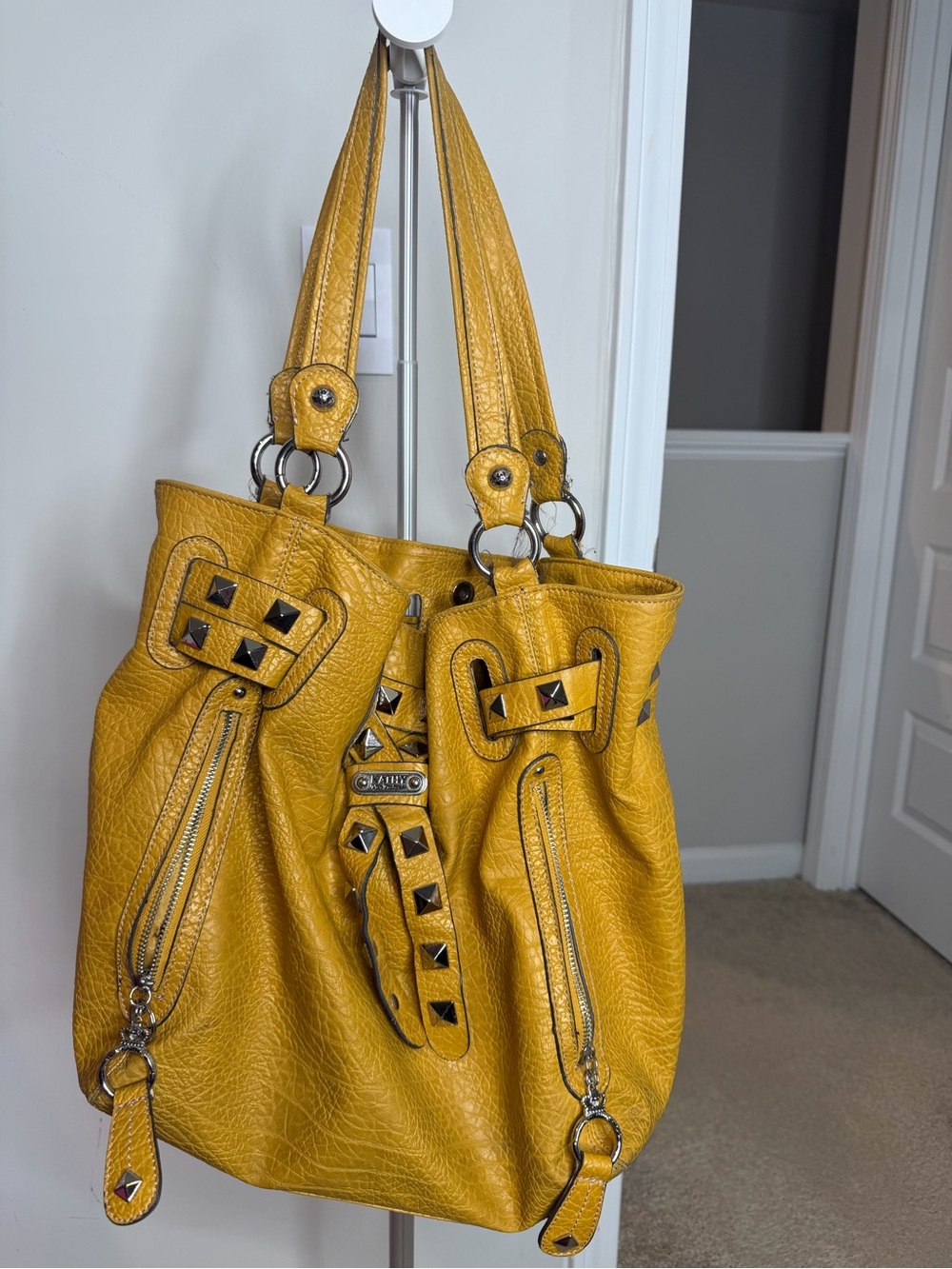 Y2K Kathy Van Zeeland Studded Yellow vegan Leather Shoulder Bag
